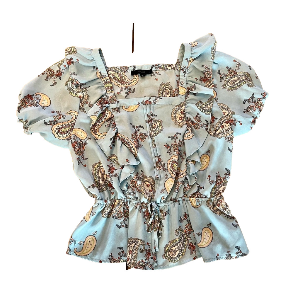 ECLAIR Paisley Floral Ruffle Peplum Blouse Size Medium Blue Boho